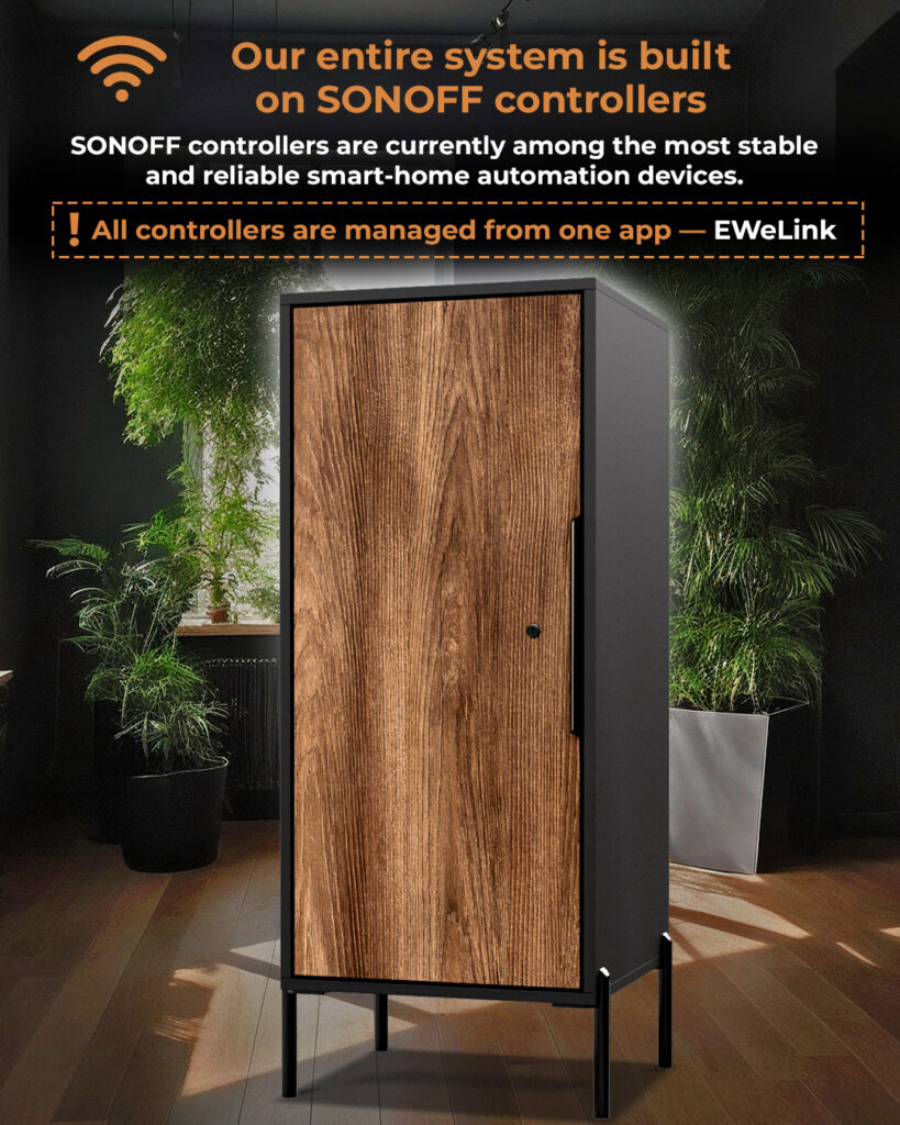 Automated grow box with wood-front door controlled by SONOFF smart-home system