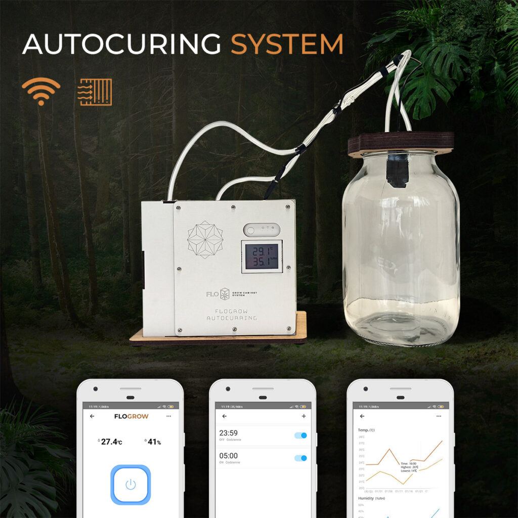 FLO-GROW cannabis auto curing system with smartphone app interface